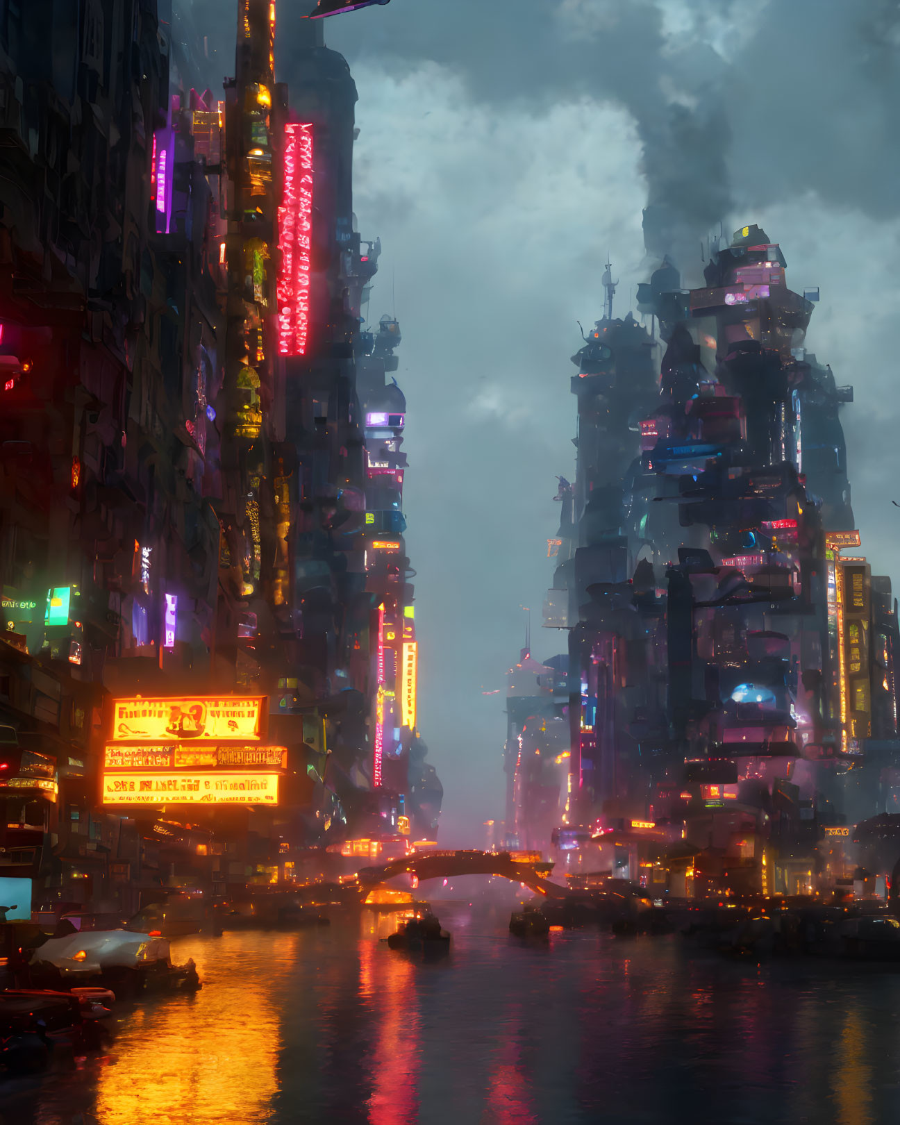 Futuristic neon-lit cityscape with towering buildings at dusk