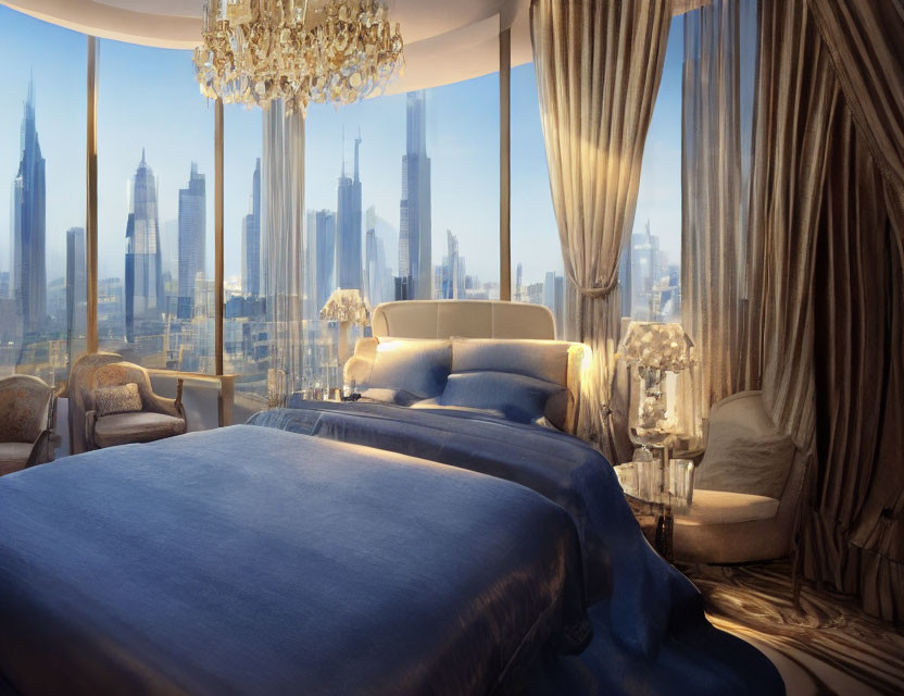 Spacious bedroom with large bed, chandelier, city view windows, curtains, soft lighting