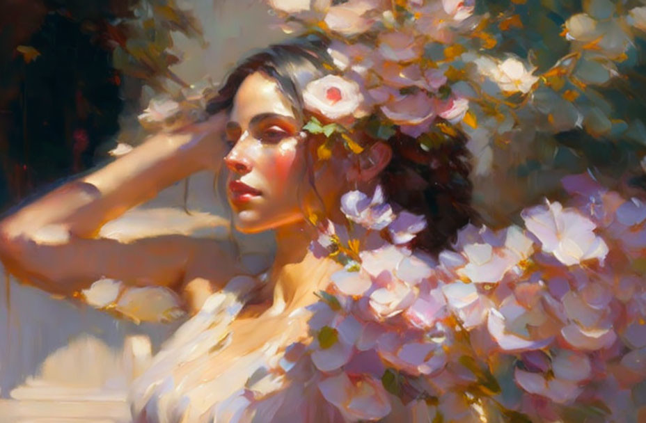 Woman with flower-adorned hairstyle surrounded by pastel flowers in dreamy setting