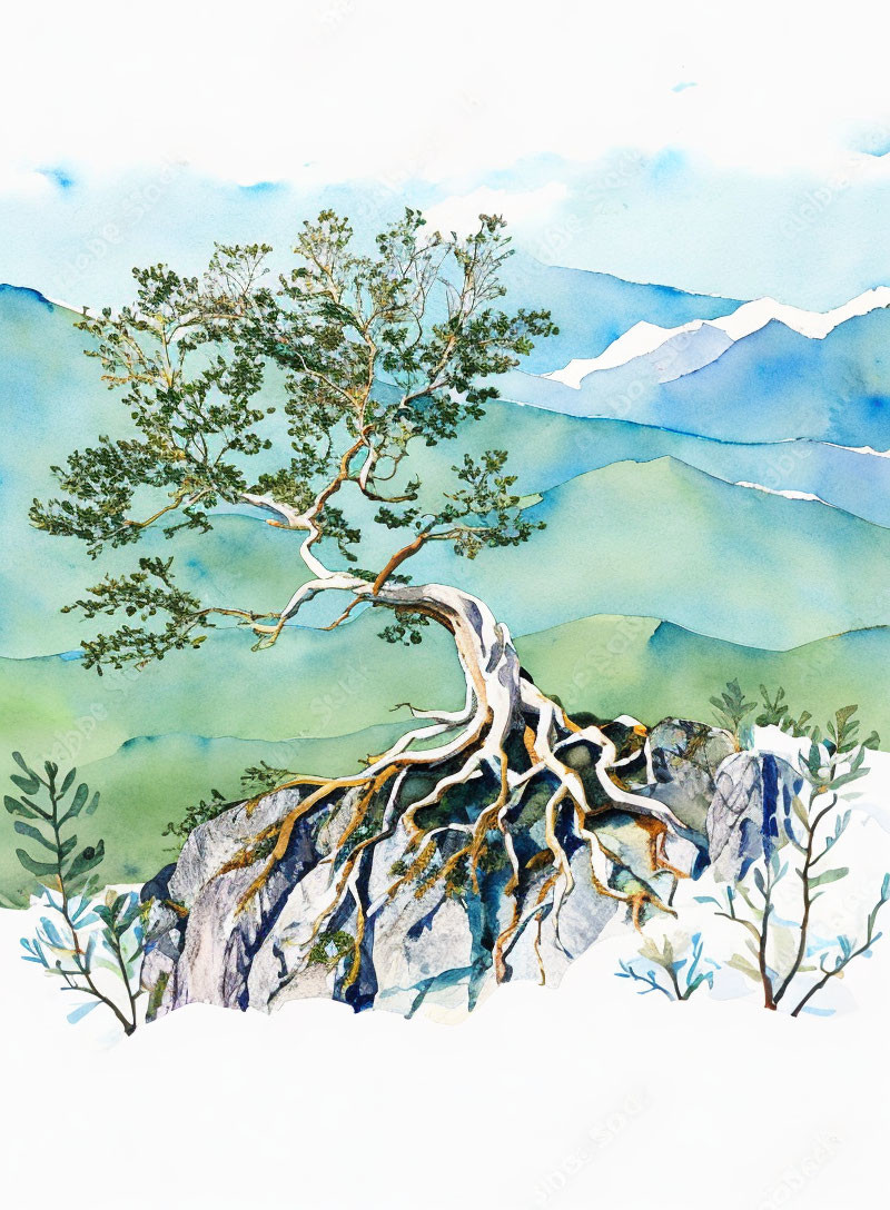 Gnarled tree watercolor painting with misty mountains.