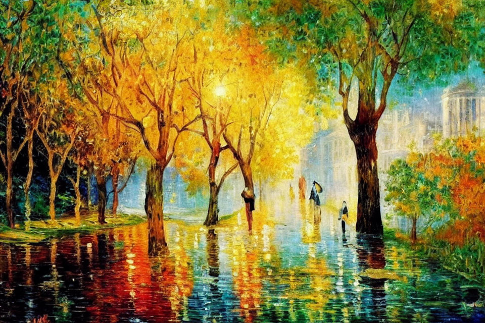 Serene park scene: Vibrant oil painting of autumn trees and silhouettes