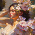 Woman with flower-adorned hairstyle surrounded by pastel flowers in dreamy setting