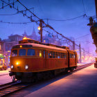 Vintage tram on quaint street at twilight