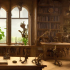 Sunlit Study with Towering Bookshelves & Gothic Window Decor