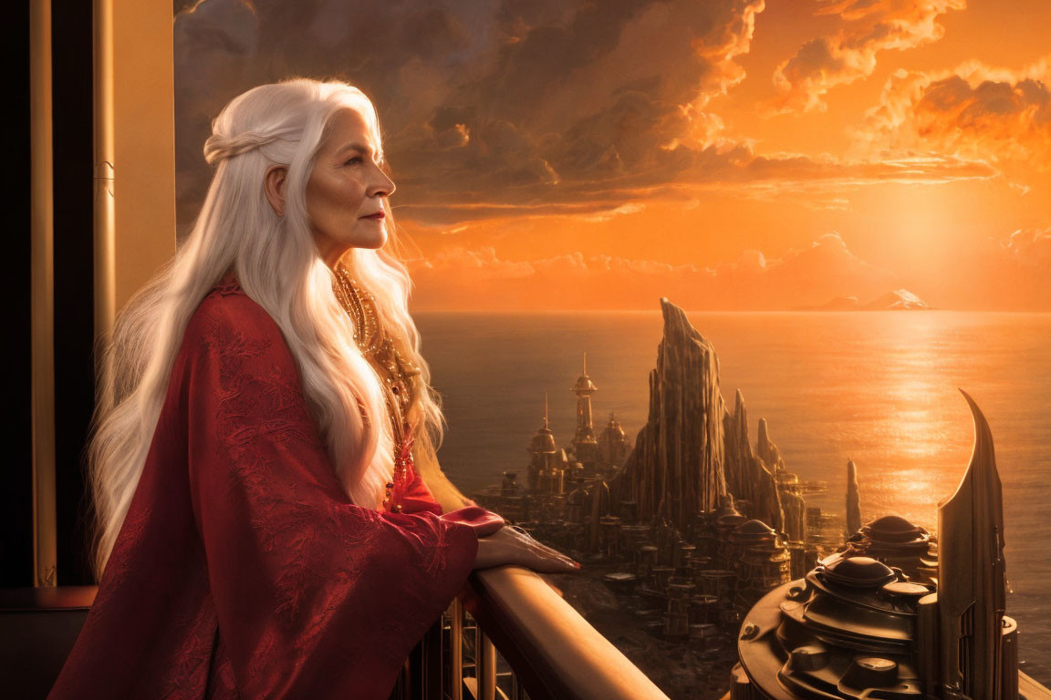 Long White-Haired Figure in Red Robe Gazes at Fantastical Coastal City