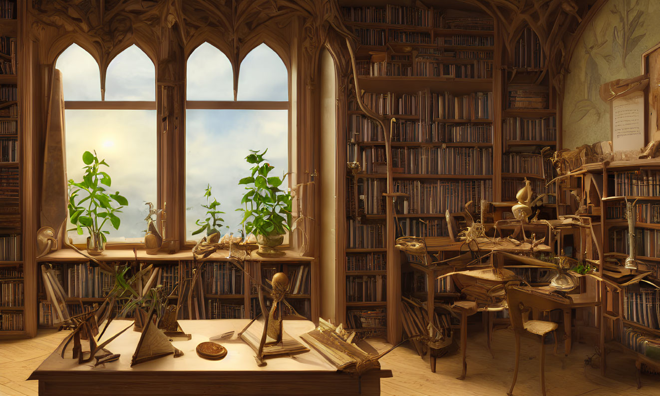 Sunlit Study with Towering Bookshelves & Gothic Window Decor