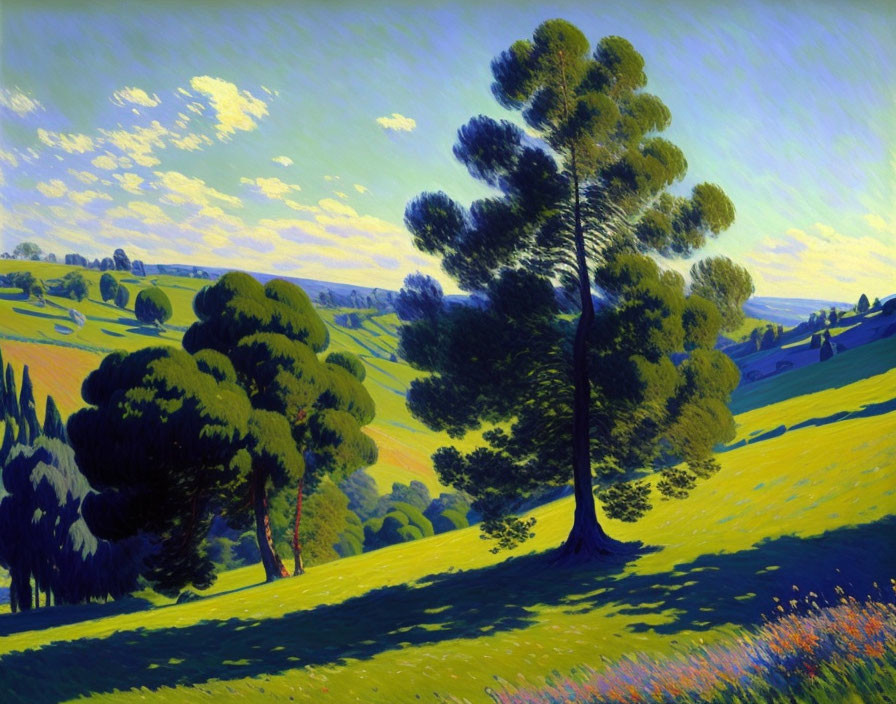 Colorful landscape painting: green hills, trees, blue sky