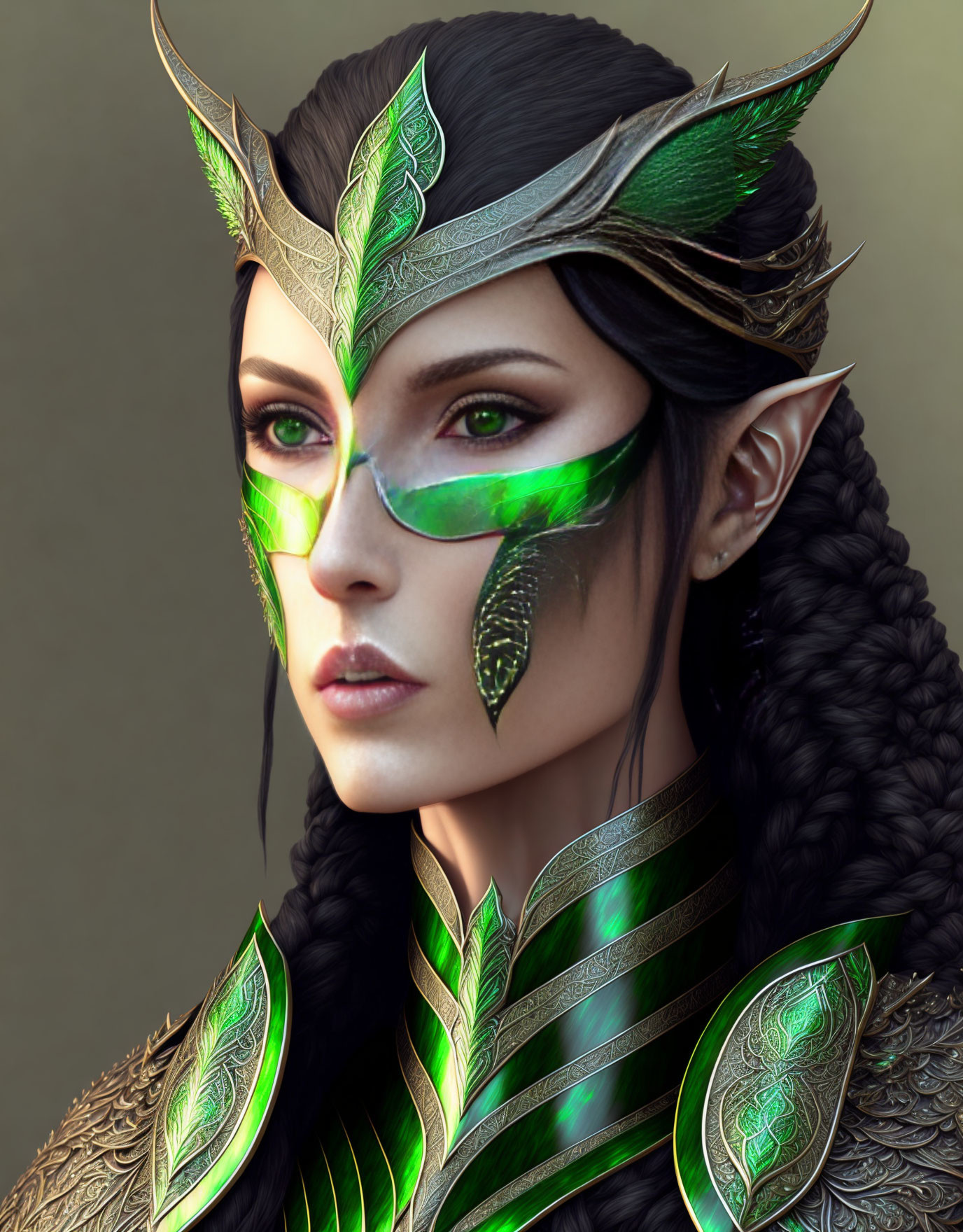 Elven fantasy character in green armor with leaf motifs