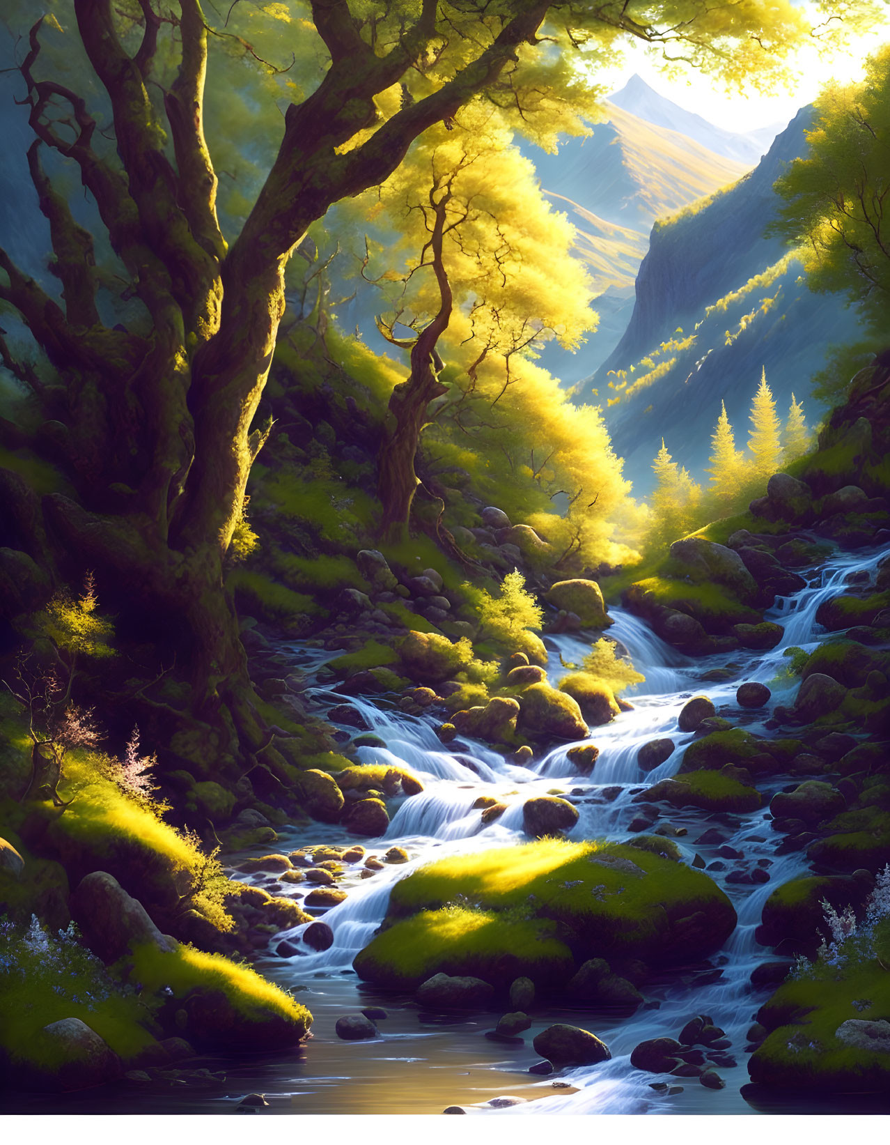 Sunlit stream cascading through enchanted forest with misty light and lush trees