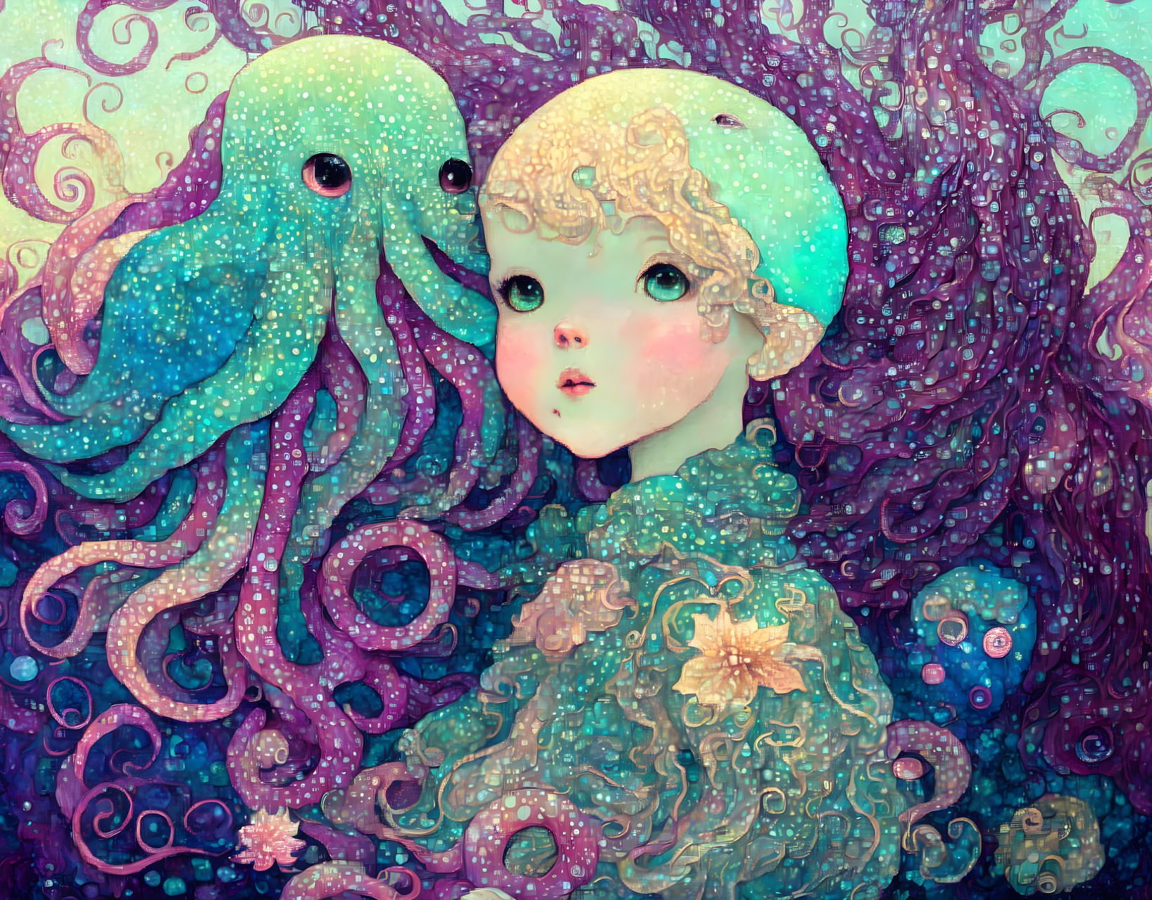 Vibrant illustration of girl with curly hair and octopus in intricate underwater scene