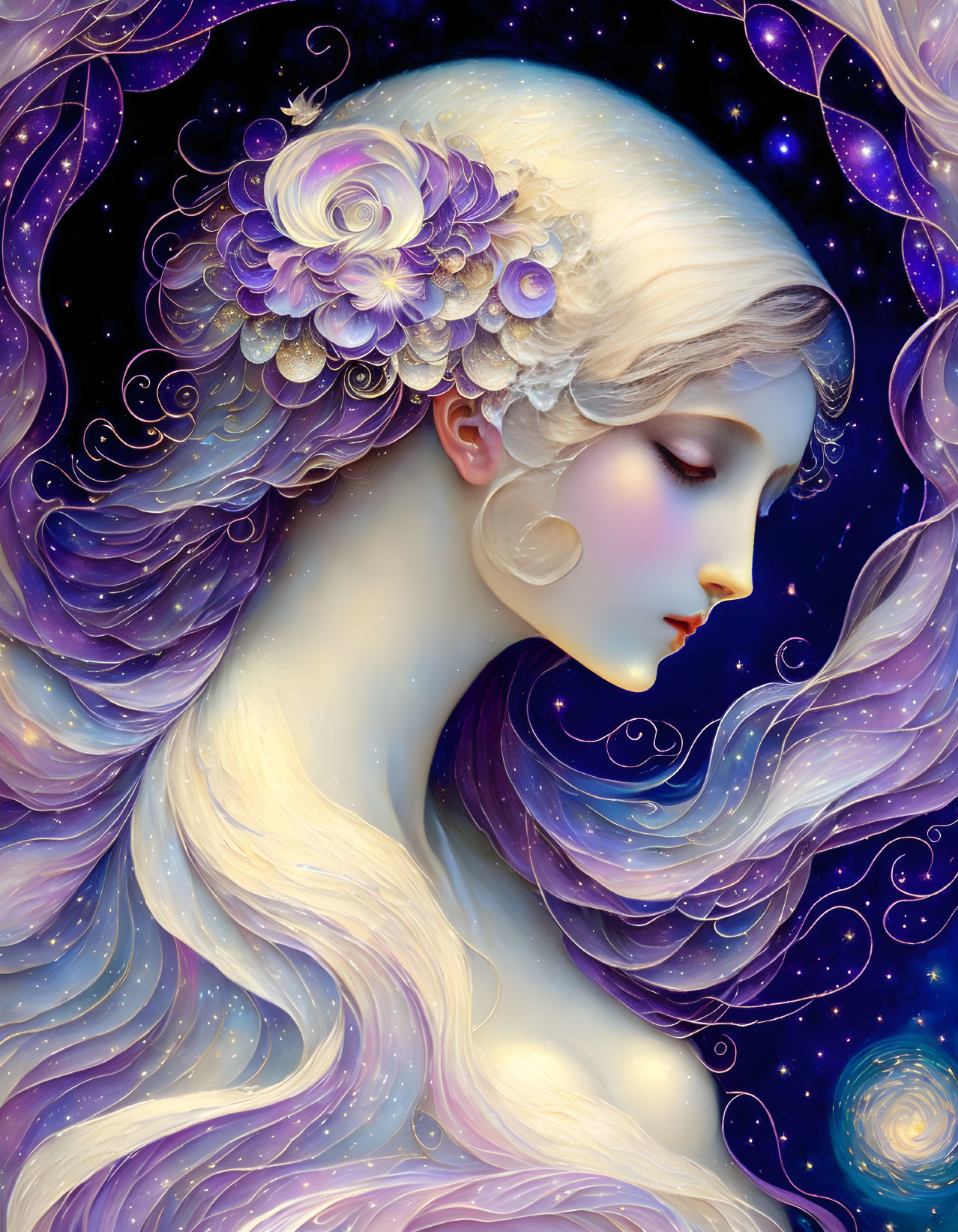 Illustrated portrait of serene woman with white hair and purple flowers on cosmic backdrop