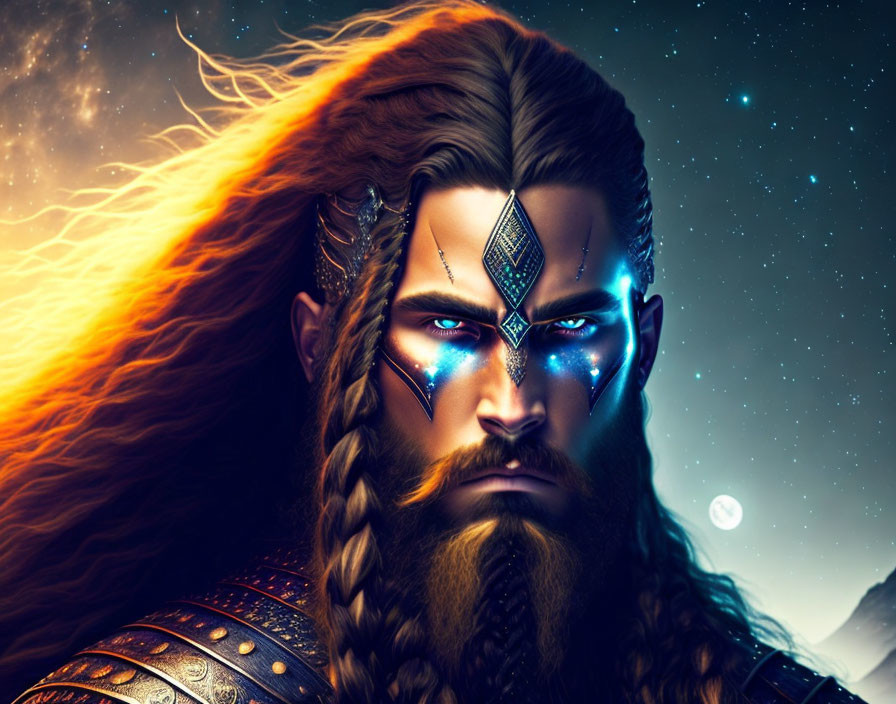 Fantasy male warrior with blue eyes and braided hair under starry night sky