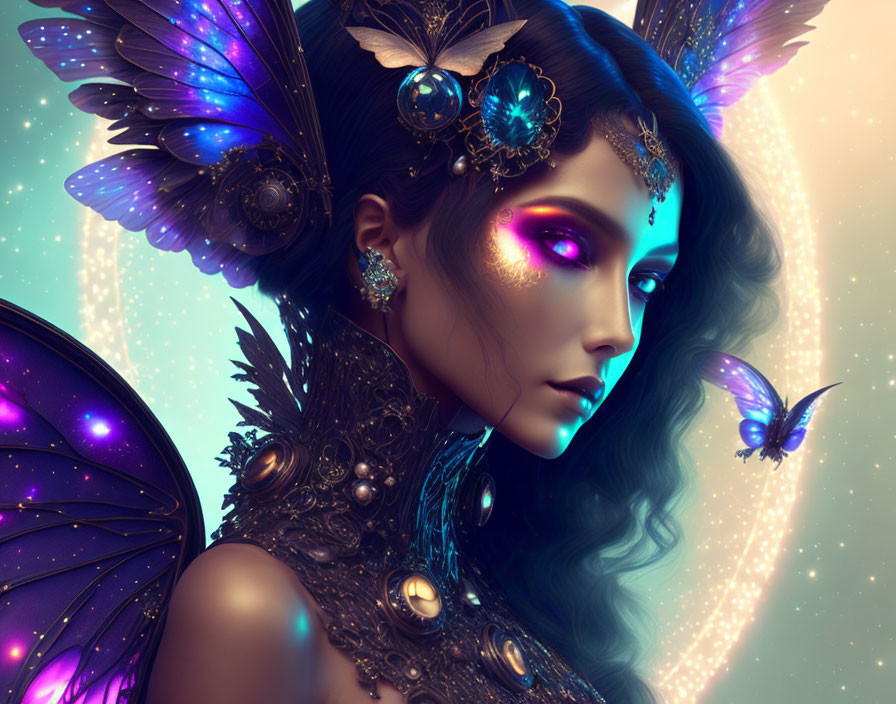 Fantasy portrait: Woman with butterfly wings, iridescent skin, ornate jewelry, glowing butterfly