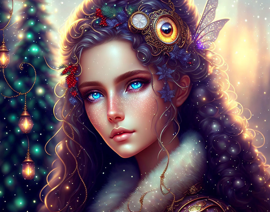 Fantasy portrait of female with blue eyes and nature-inspired ornaments