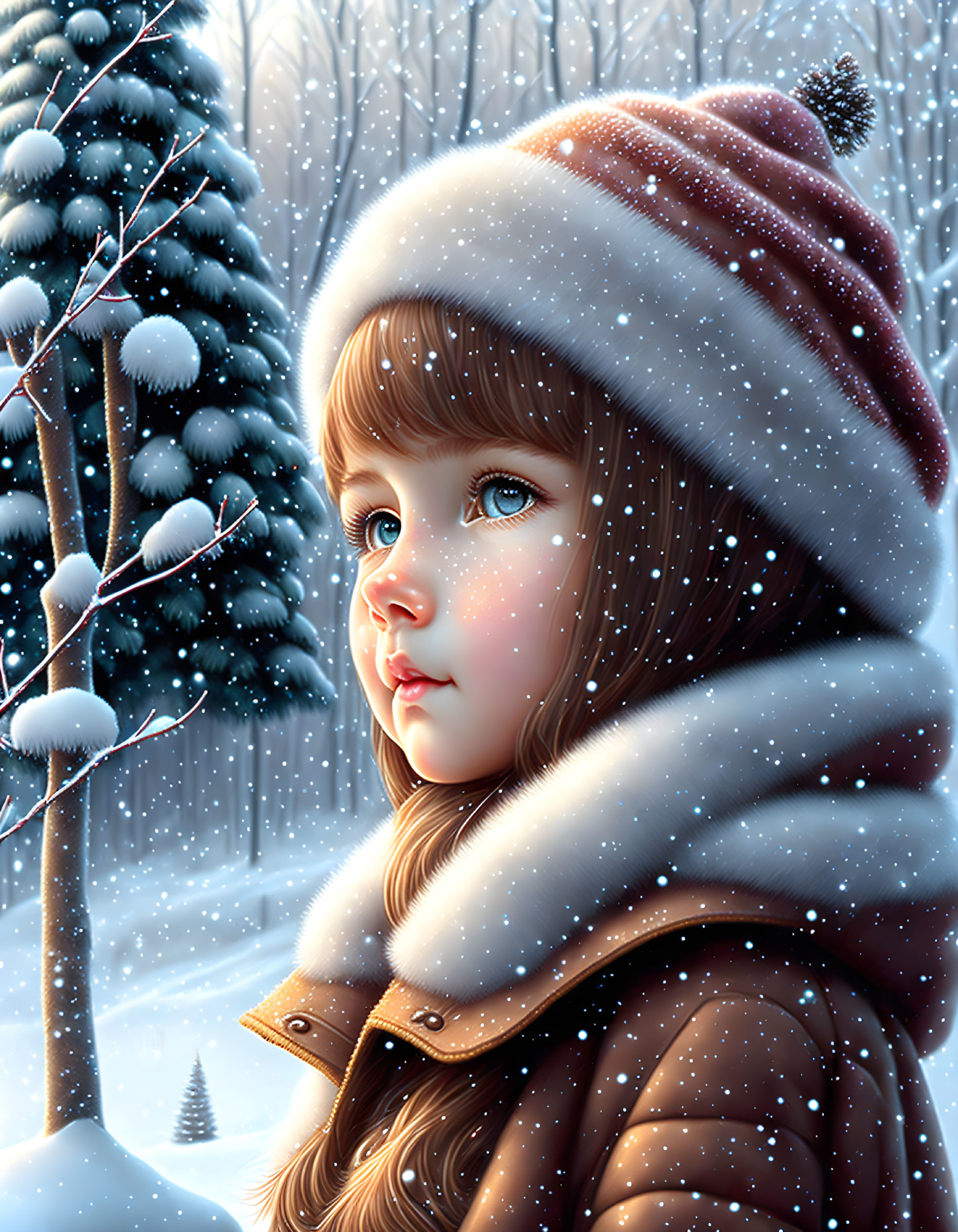 Young girl in winter attire with blue eyes in snowy landscape