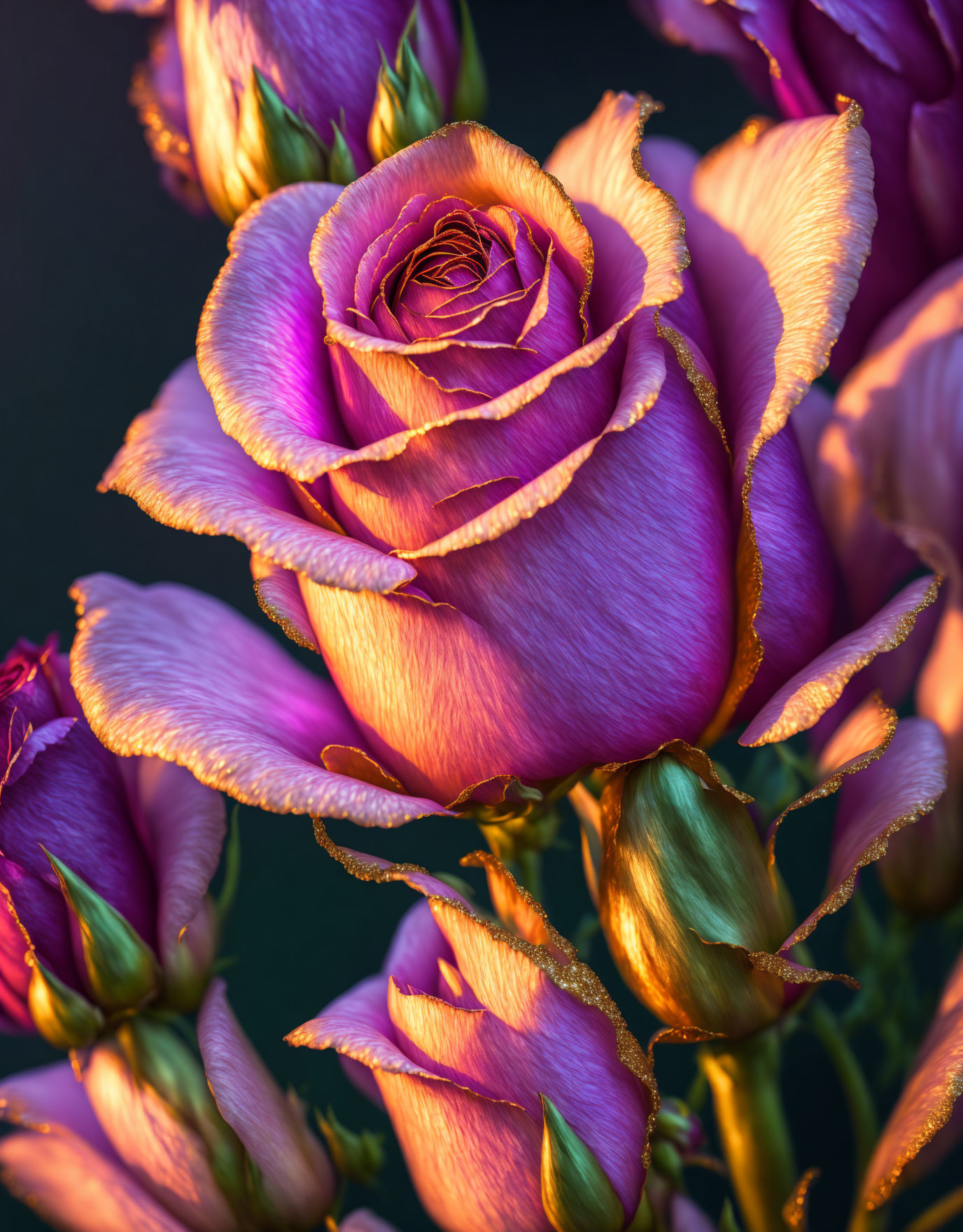 Vibrant purple roses with golden edges on dark background