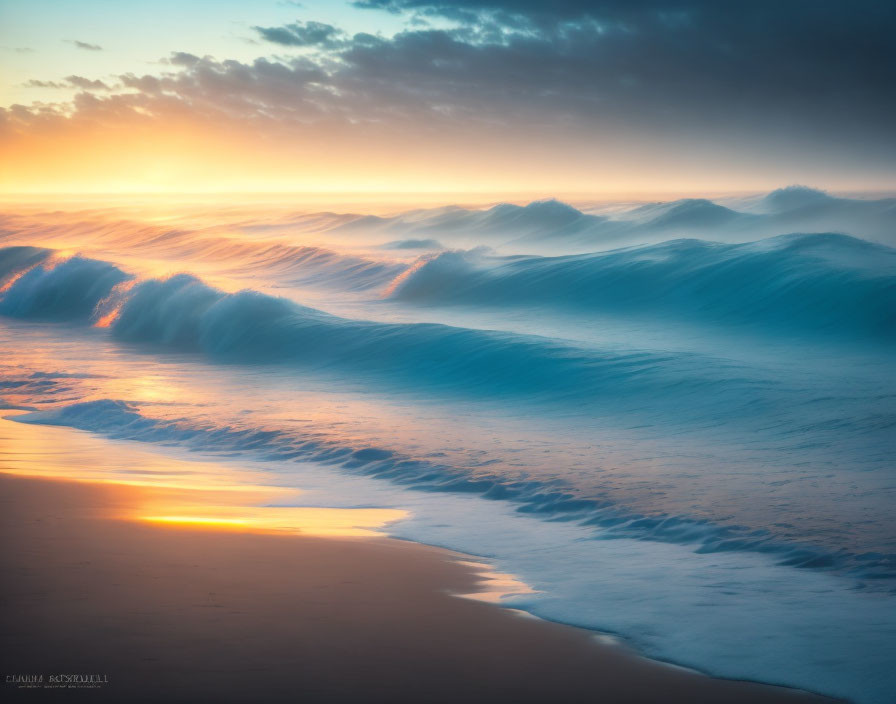 Tranquil beach scene at sunrise with soft waves and pastel sky