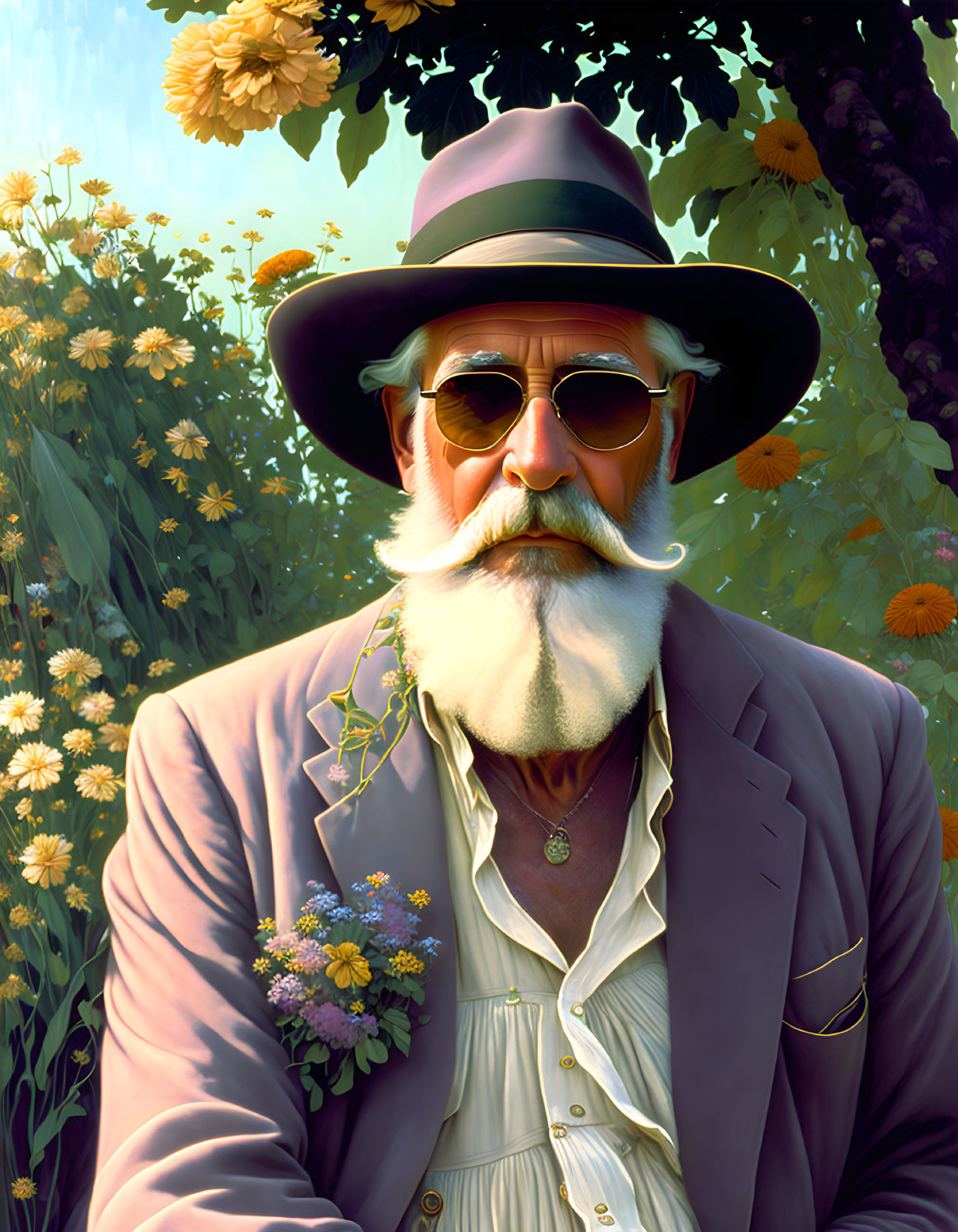 Elderly man in suit and hat with white mustache among yellow flowers