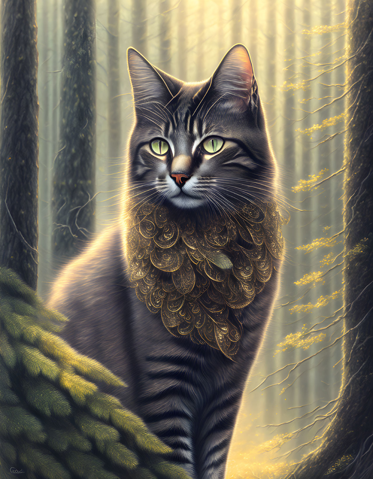 Majestic tabby cat with golden ruff in sunlit forest