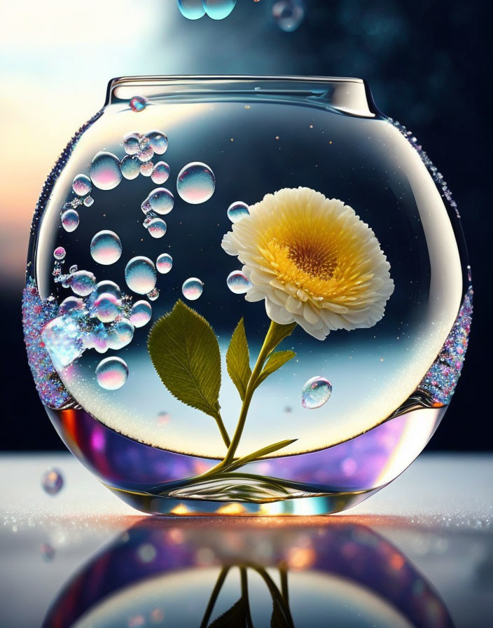 White Flower with Yellow Center in Fishbowl Against Twilight Sky