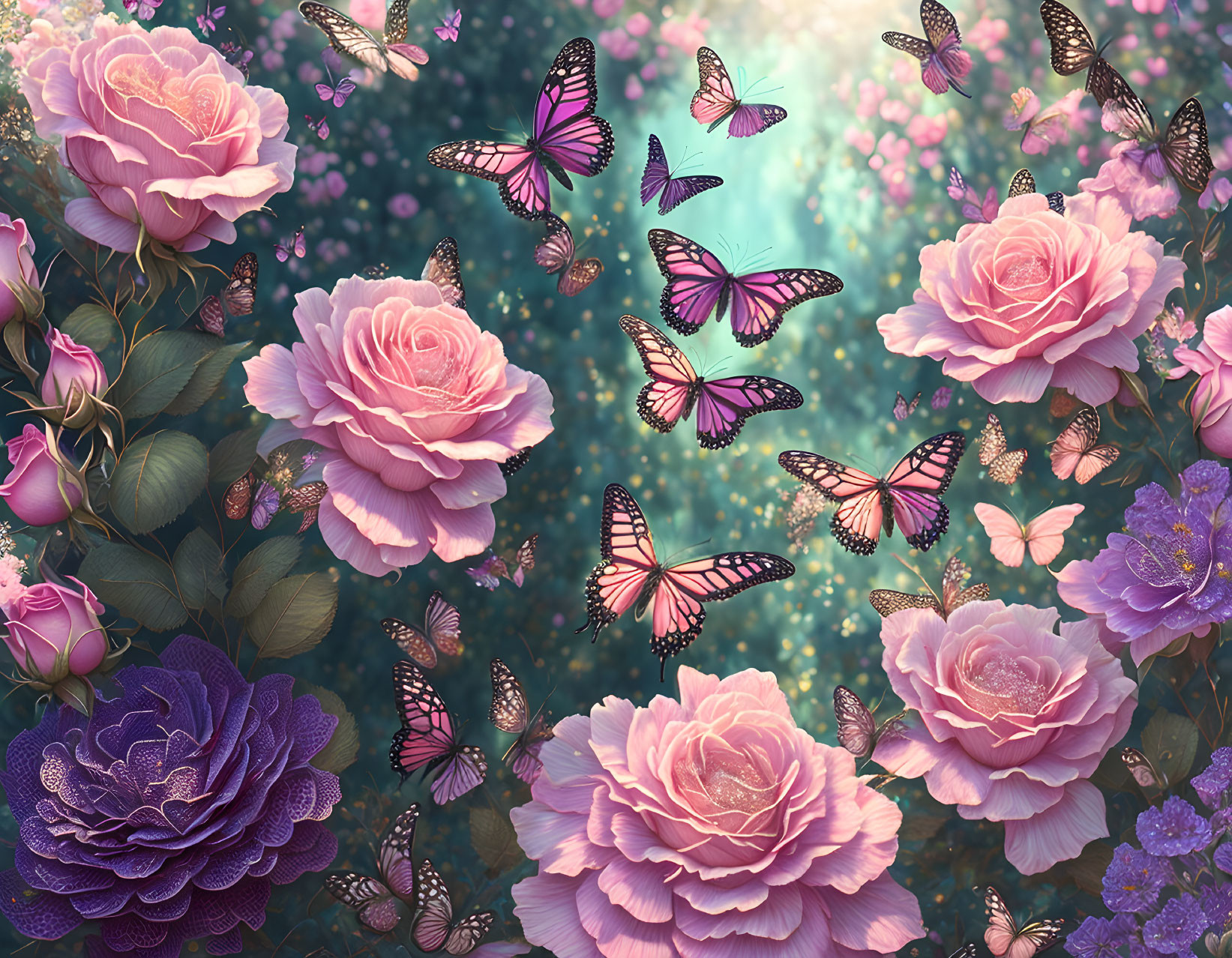 Tranquil garden with pink roses, purple flowers, and butterflies