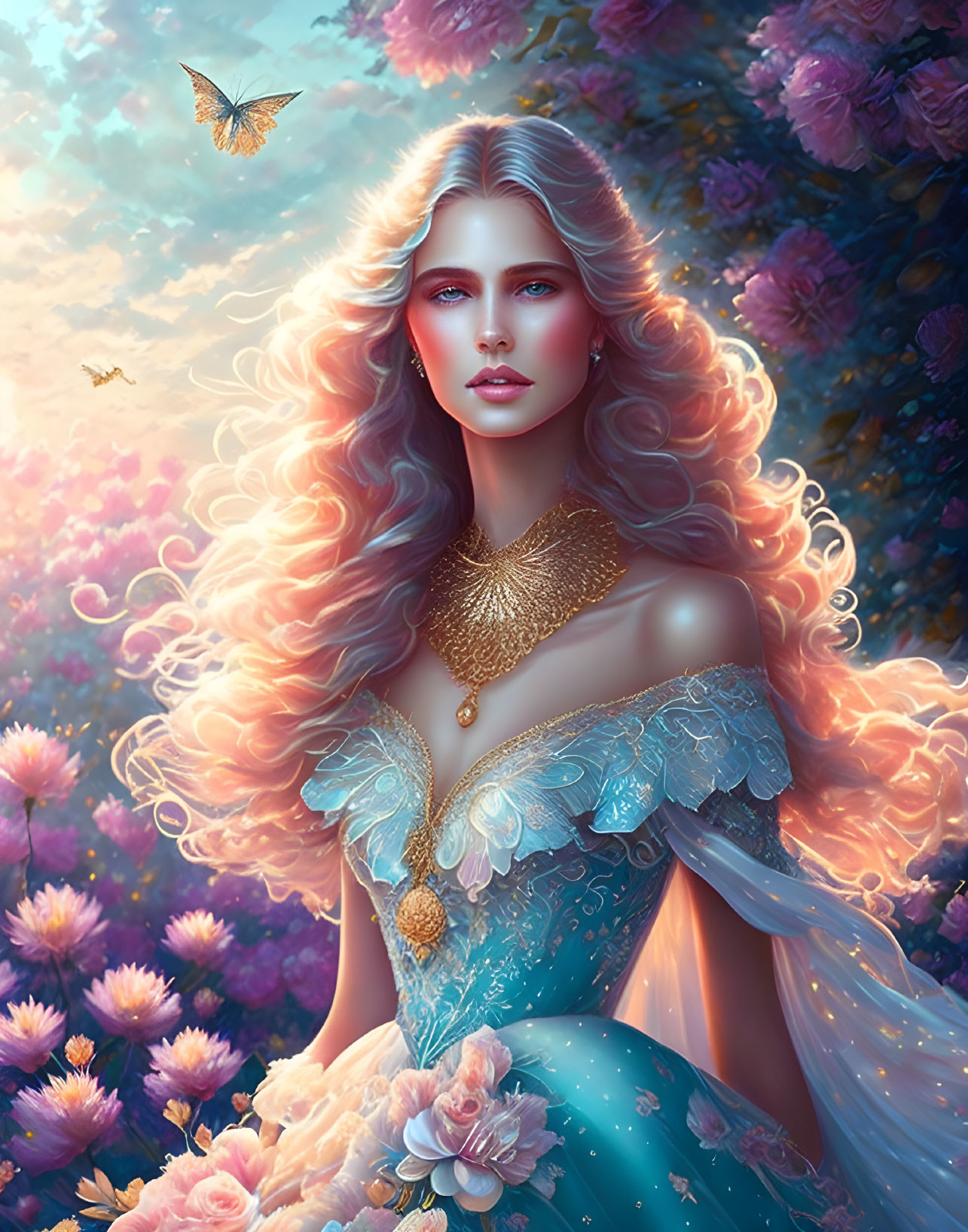 Fantasy illustration of woman with golden hair in blue dress in blooming garden