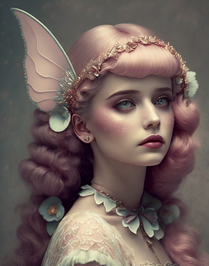 Fantasy character with pink hair and fairy wings in intricate headpiece