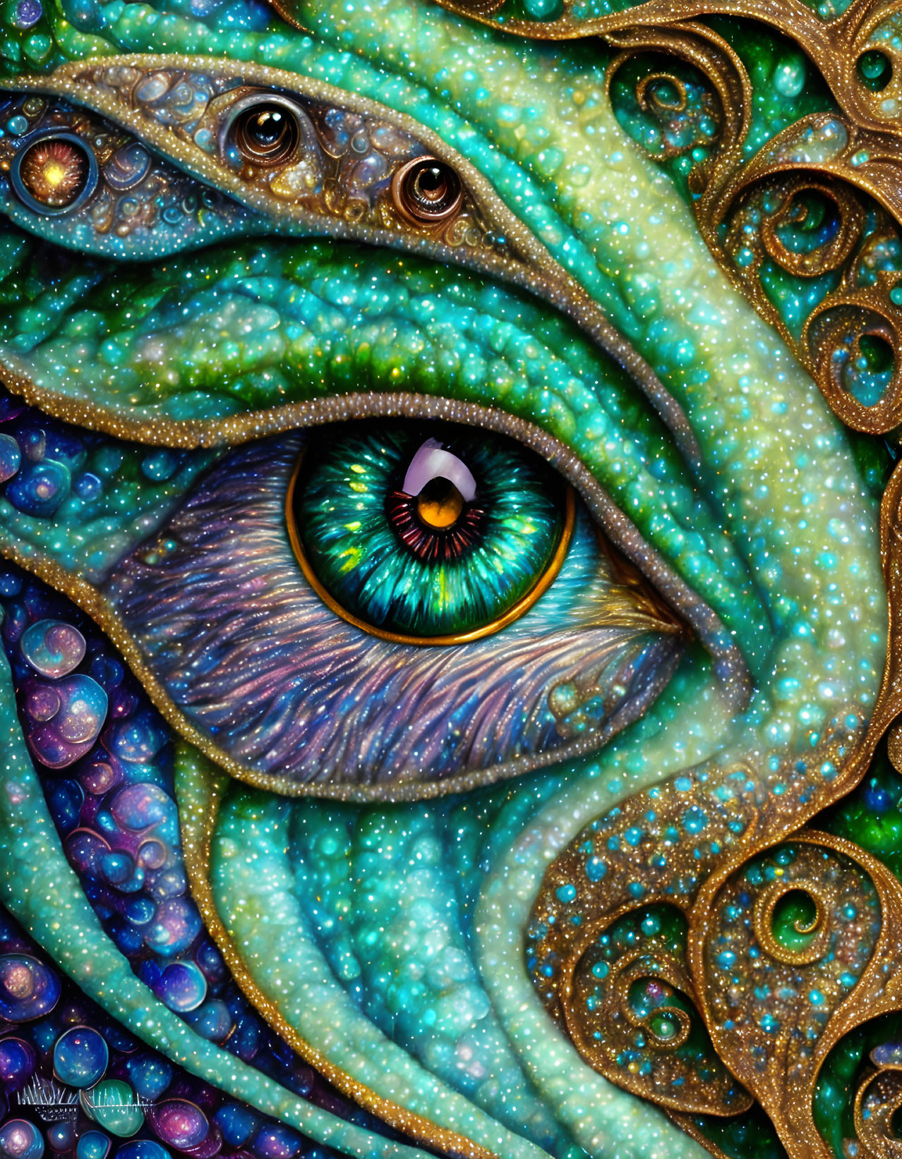 Colorful eye surrounded by swirling patterns and smaller eyes in vibrant artwork