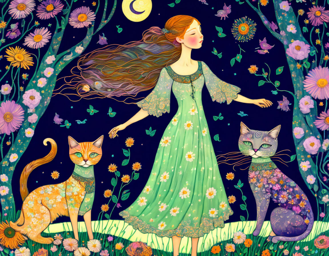 Whimsical girl with flowing hair, cats, and moon in starry night illustration