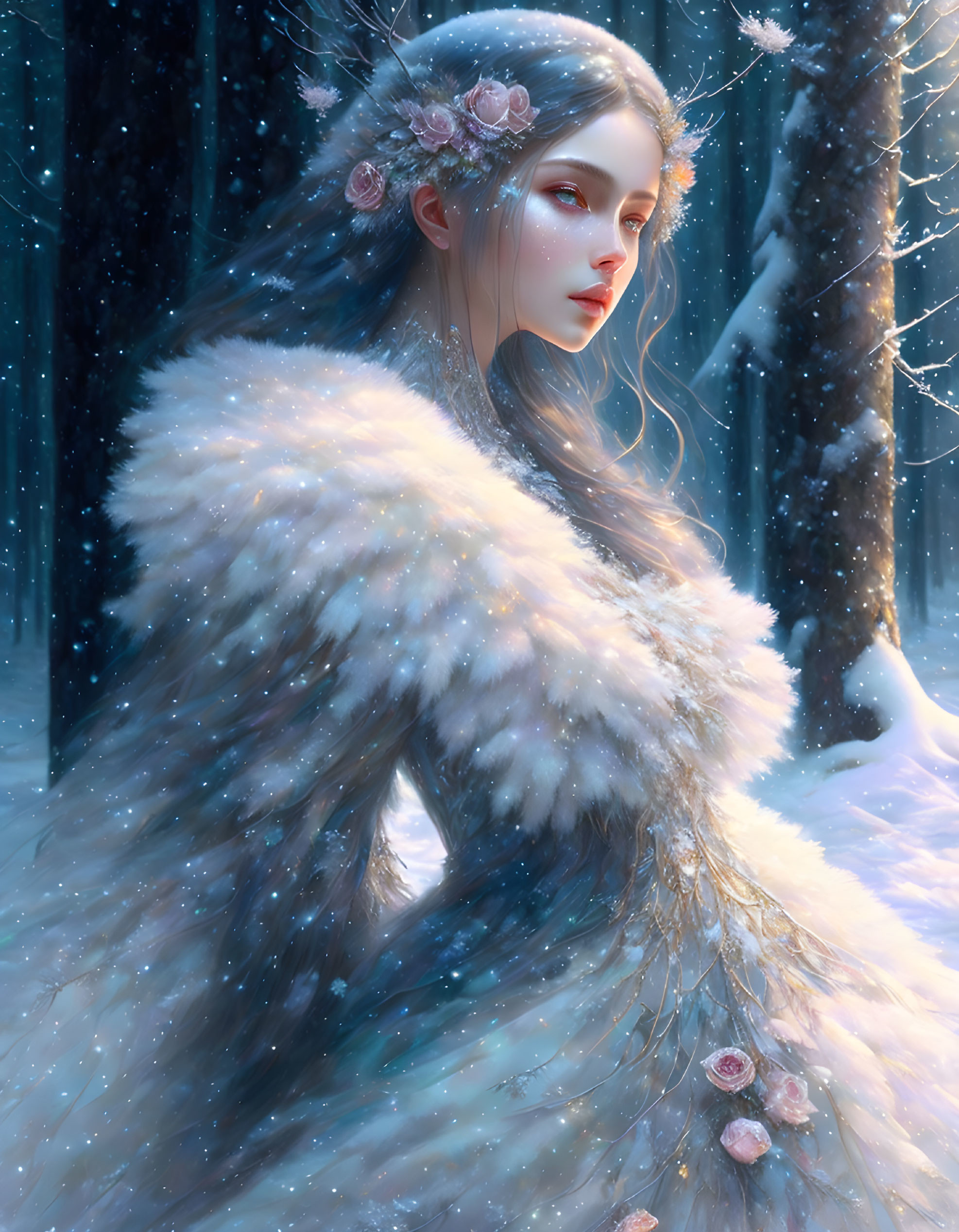 Graceful woman in floral crown and fur cloak in snowy forest.