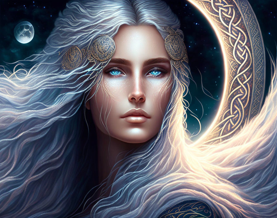 Fantasy illustration of woman with moon-themed headdress against night sky