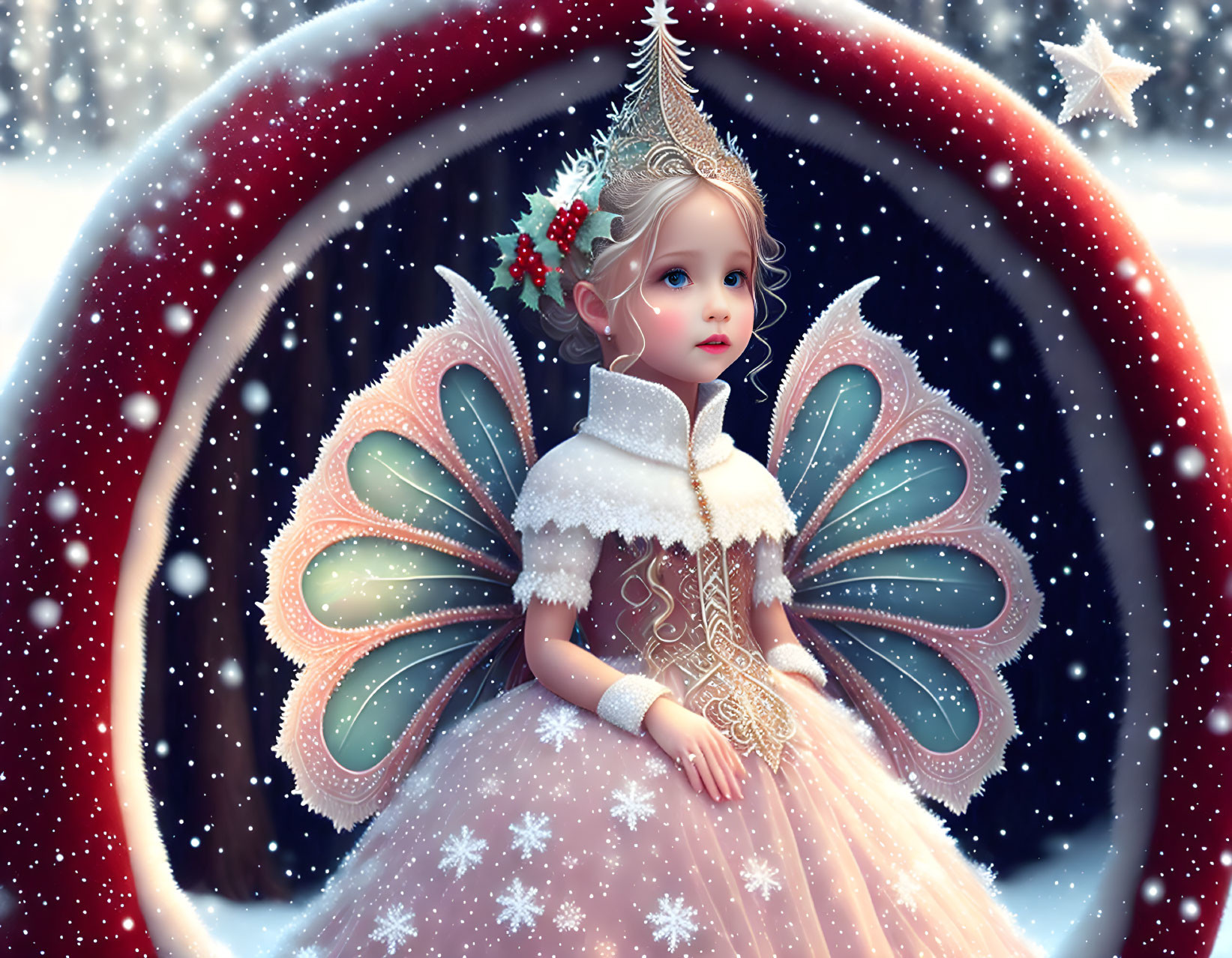 Young fairy with intricate wings in festive dress against snowy backdrop