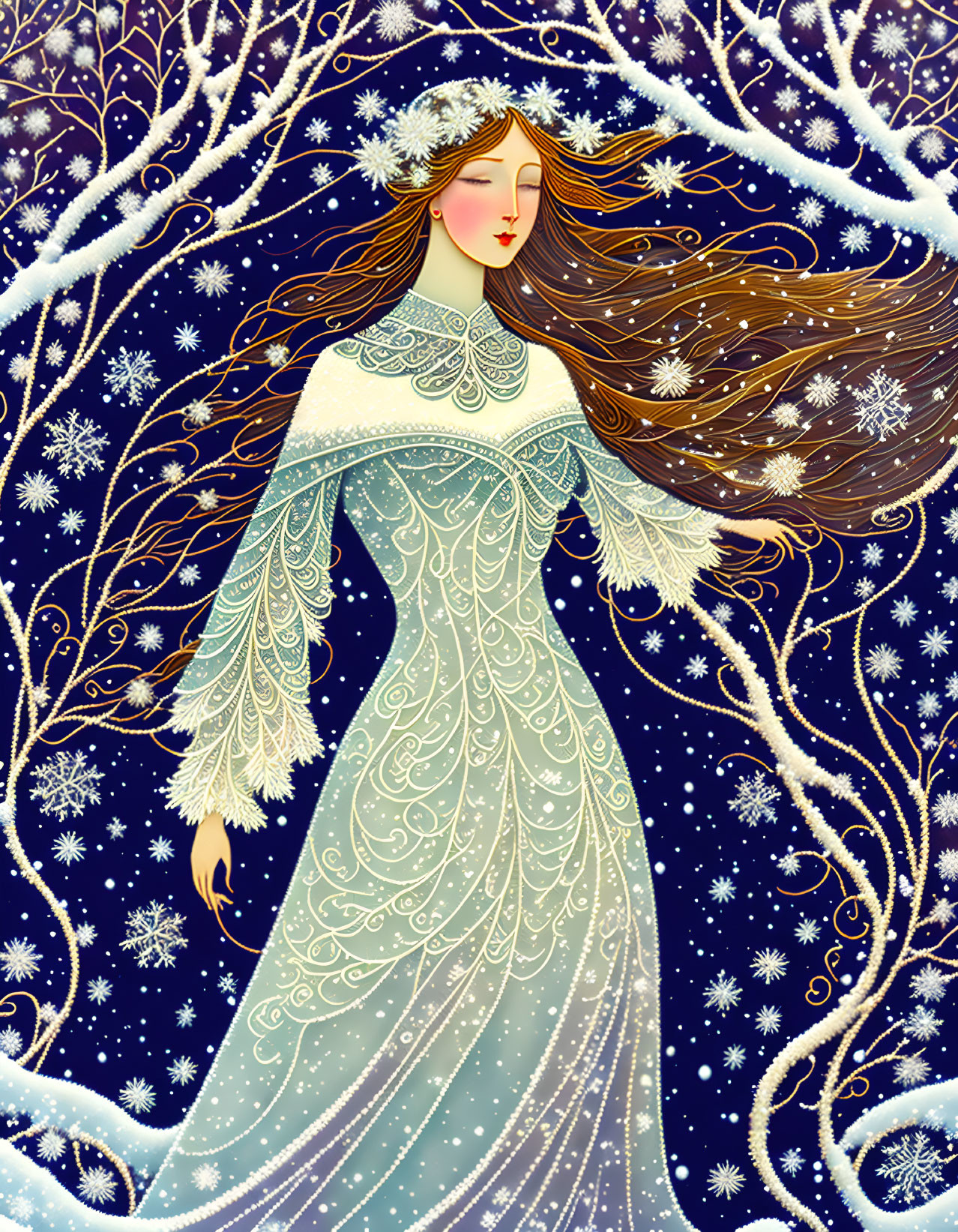 Illustrated winter woman with brown hair in blue dress among snowflakes