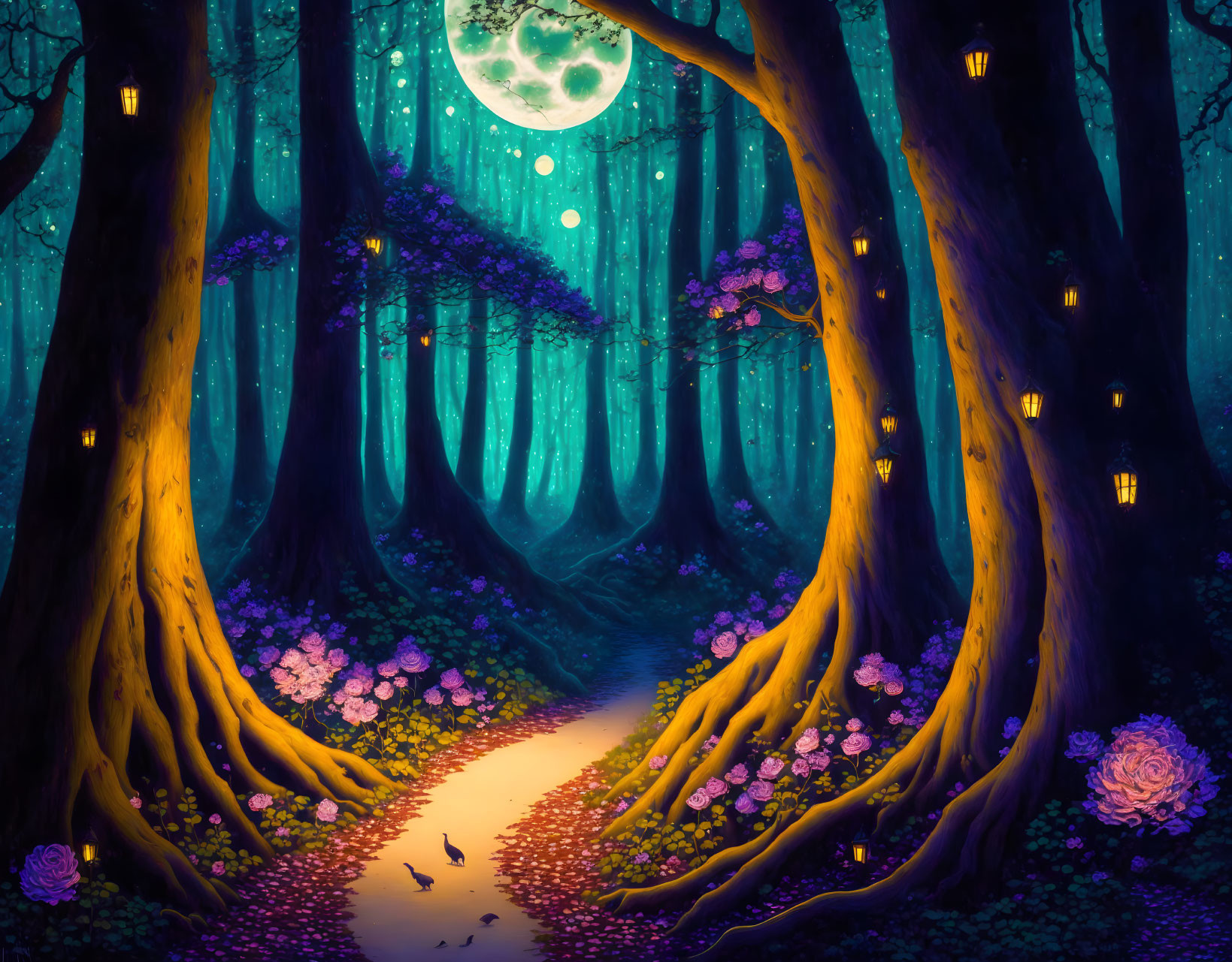 Moonlit path through enchanted forest with vibrant flora and floating lanterns