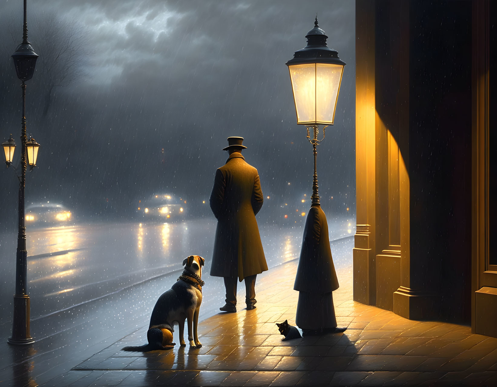 Man in coat and hat with loyal dog and bird on rainy night street.