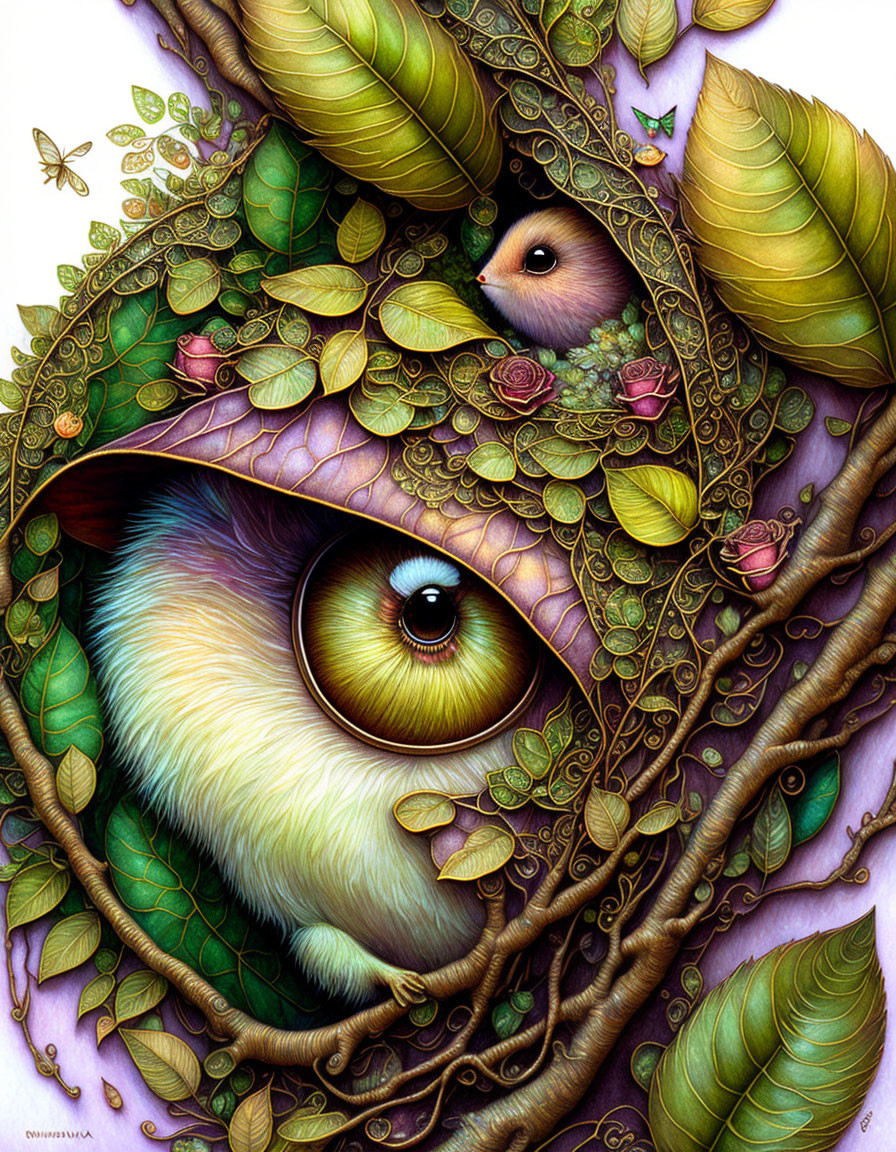 Detailed whimsical illustration of large eye, vines, leaves, and bird in vibrant colors and intricate patterns