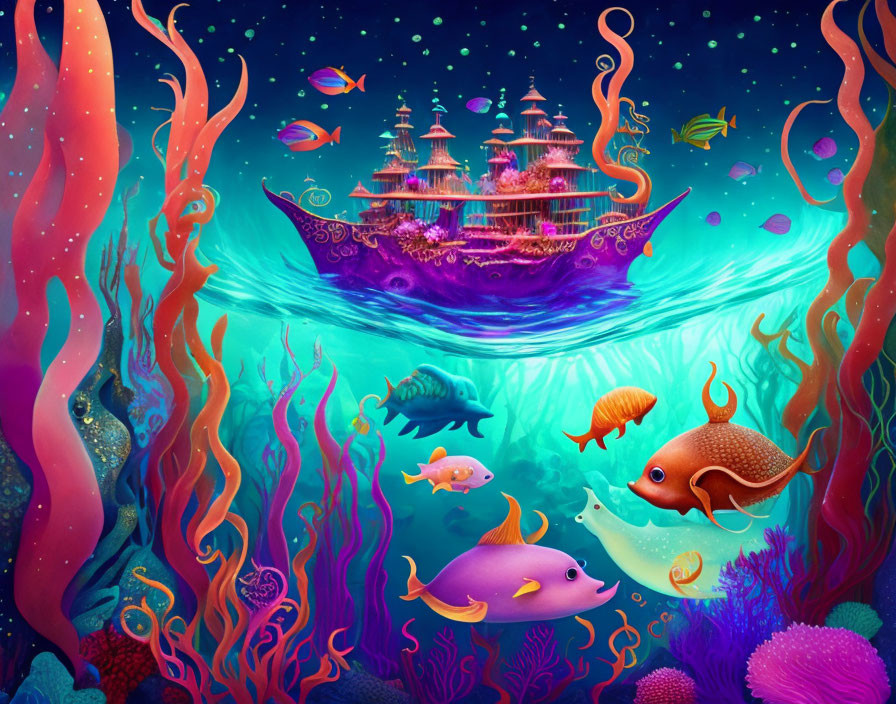 Colorful fish, corals, and a fantastical ship in vibrant underwater scene