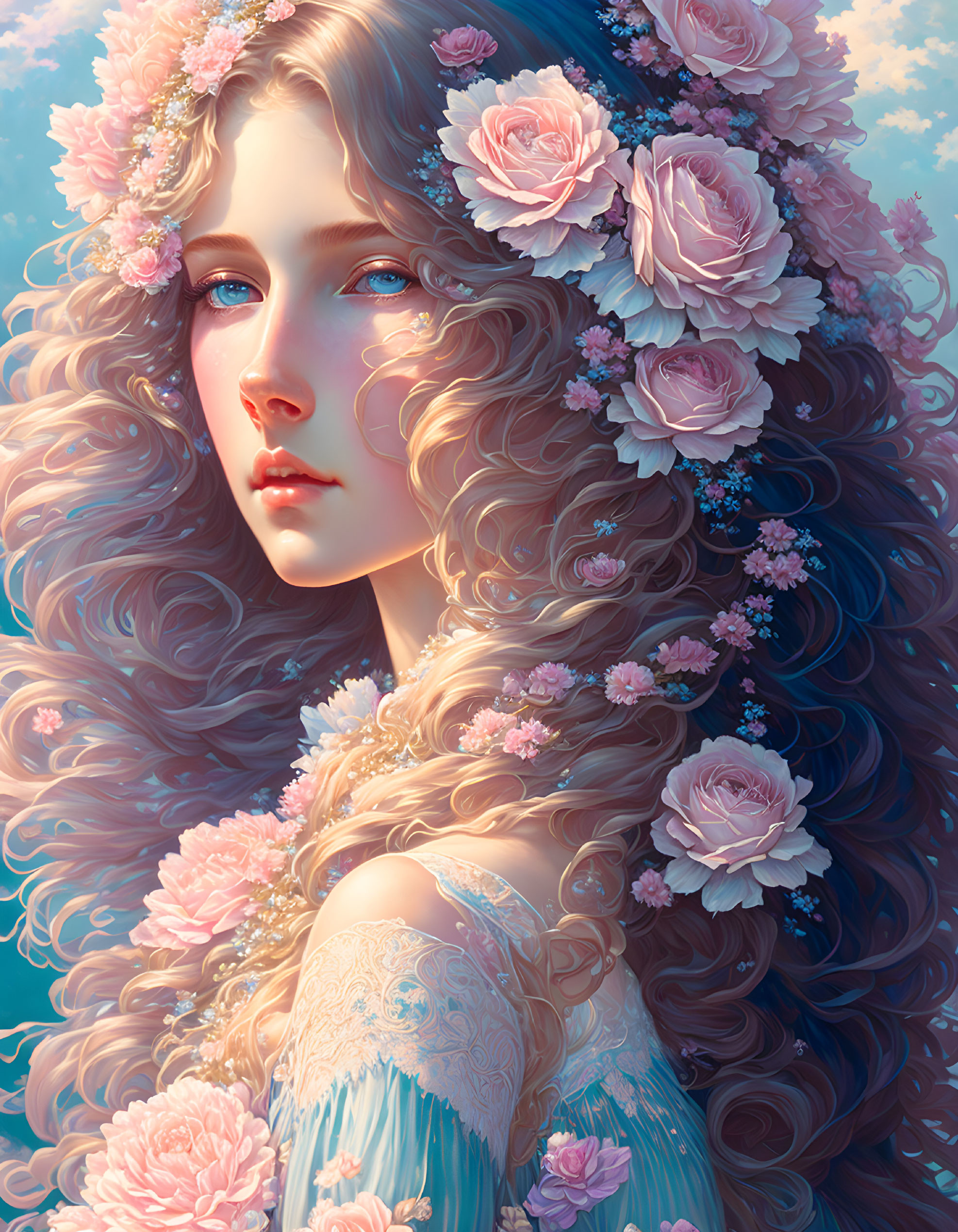 Portrait of woman with curly hair, pink flowers, blue eyes, floral dress