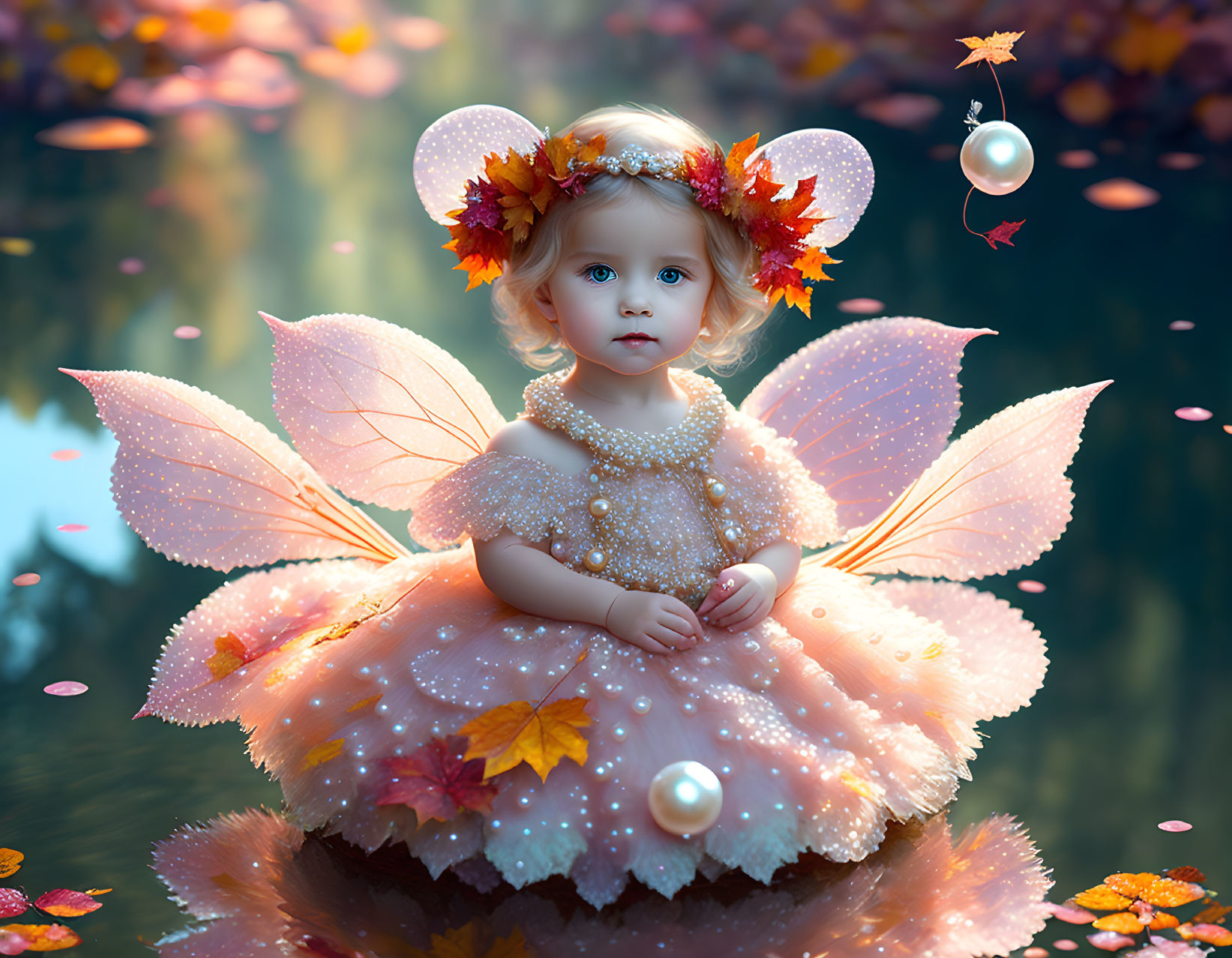 Toddler with angel wings and leafy tiara in serene autumn water scene