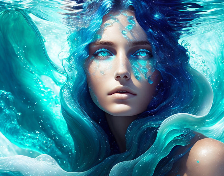 Digital artwork: Woman with flowing blue hair, oceanic eyes, and aquatic skin textures