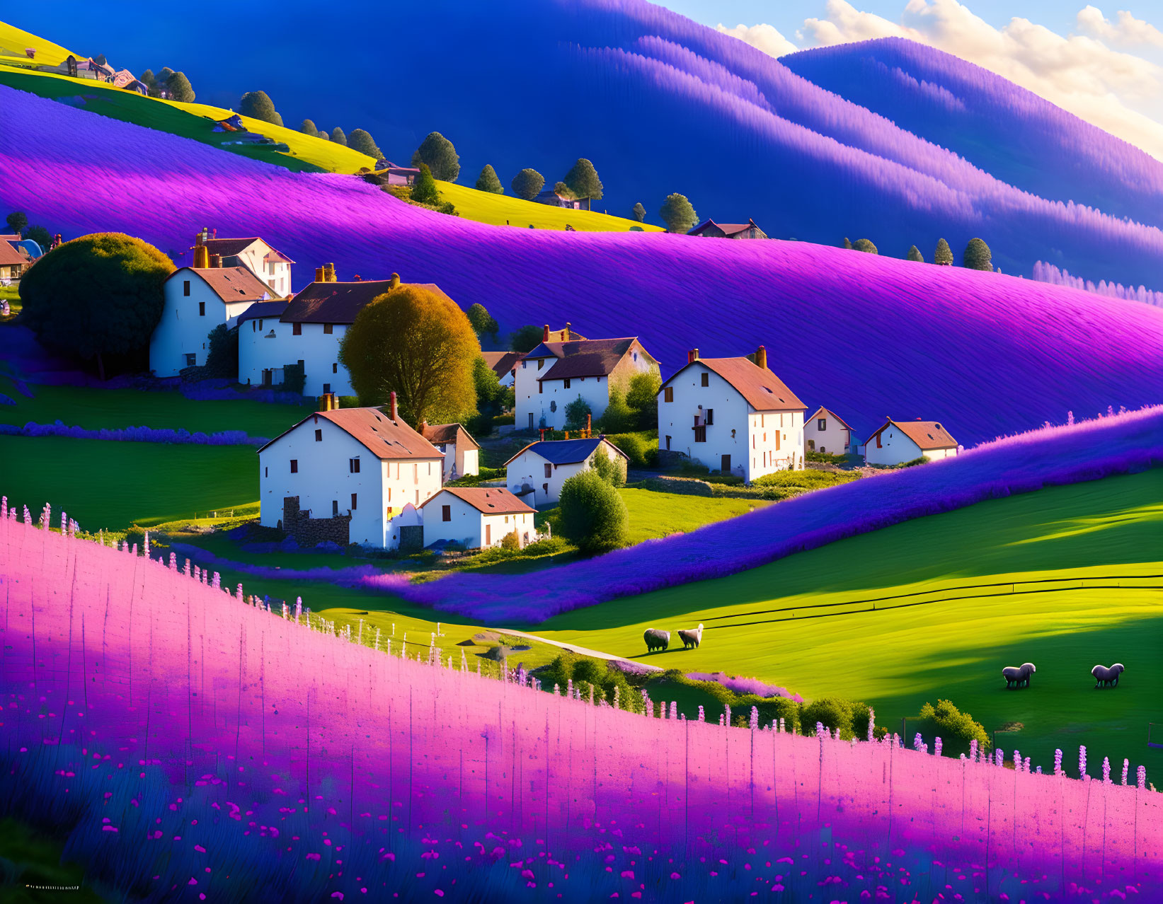 Picturesque lavender fields, red-roofed houses, green trees, and grazing sheep under blue sky