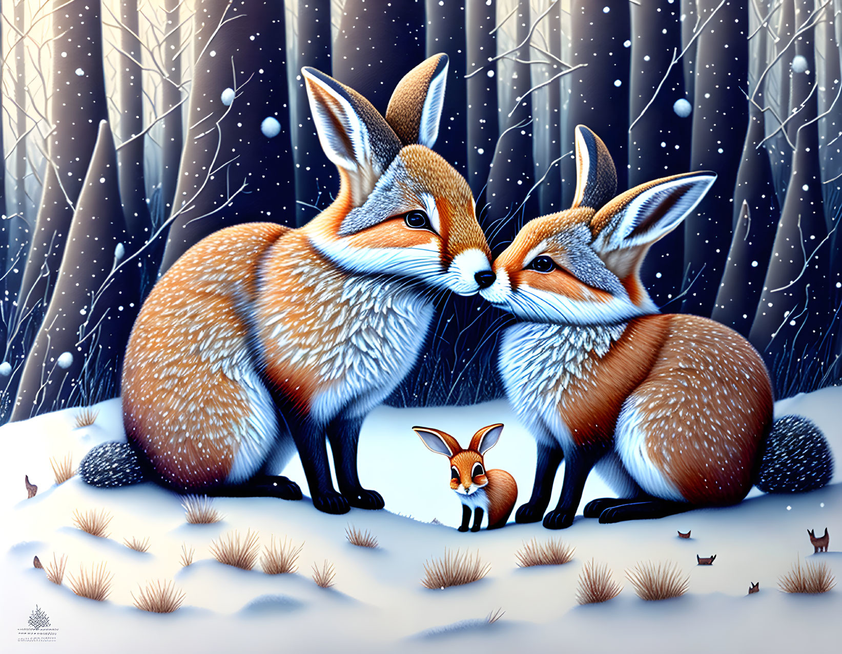 Adult and Cub Foxes in Snowy Forest with Falling Snowflakes