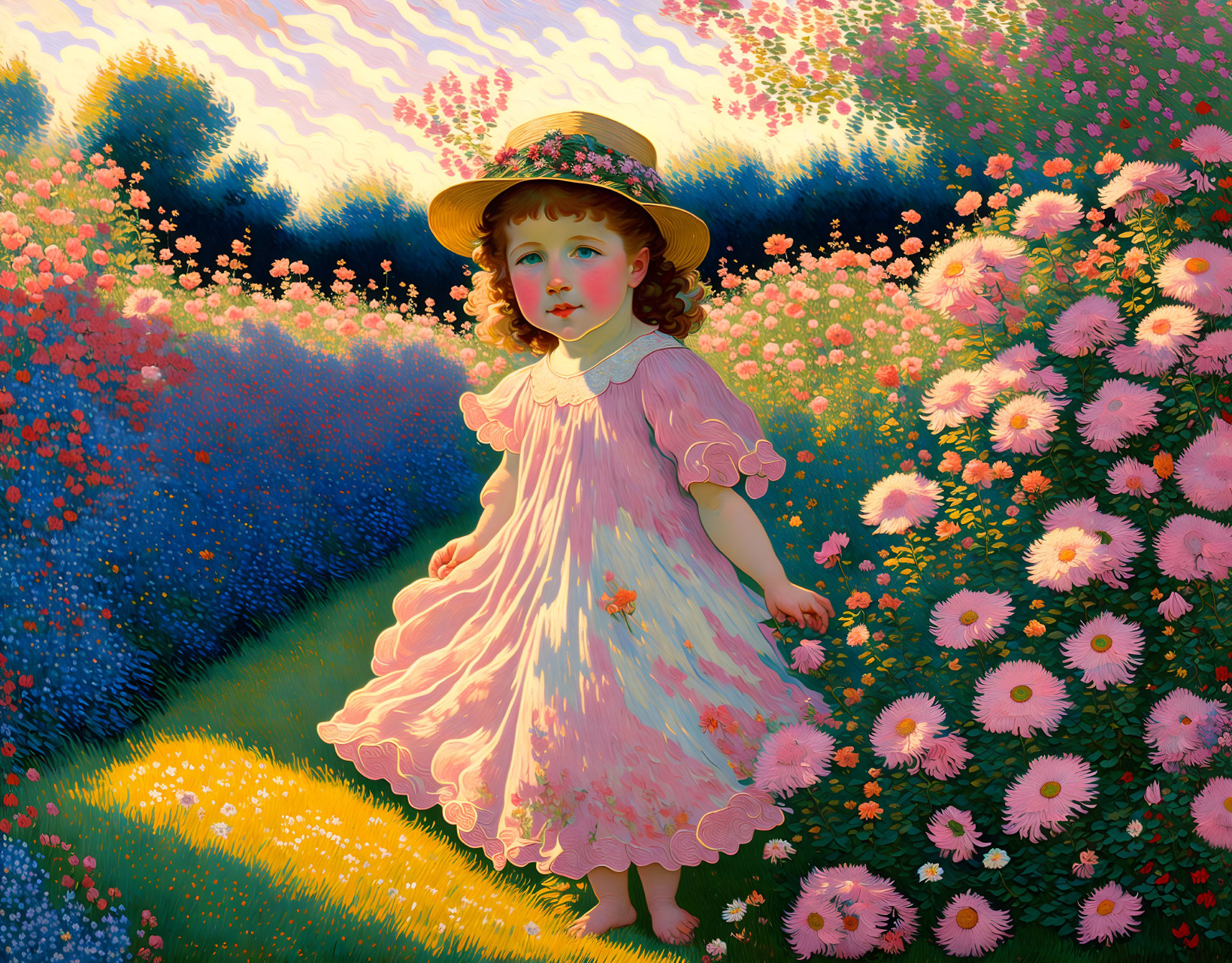 Young girl in pink dress and straw hat in vibrant flower field under bright sky