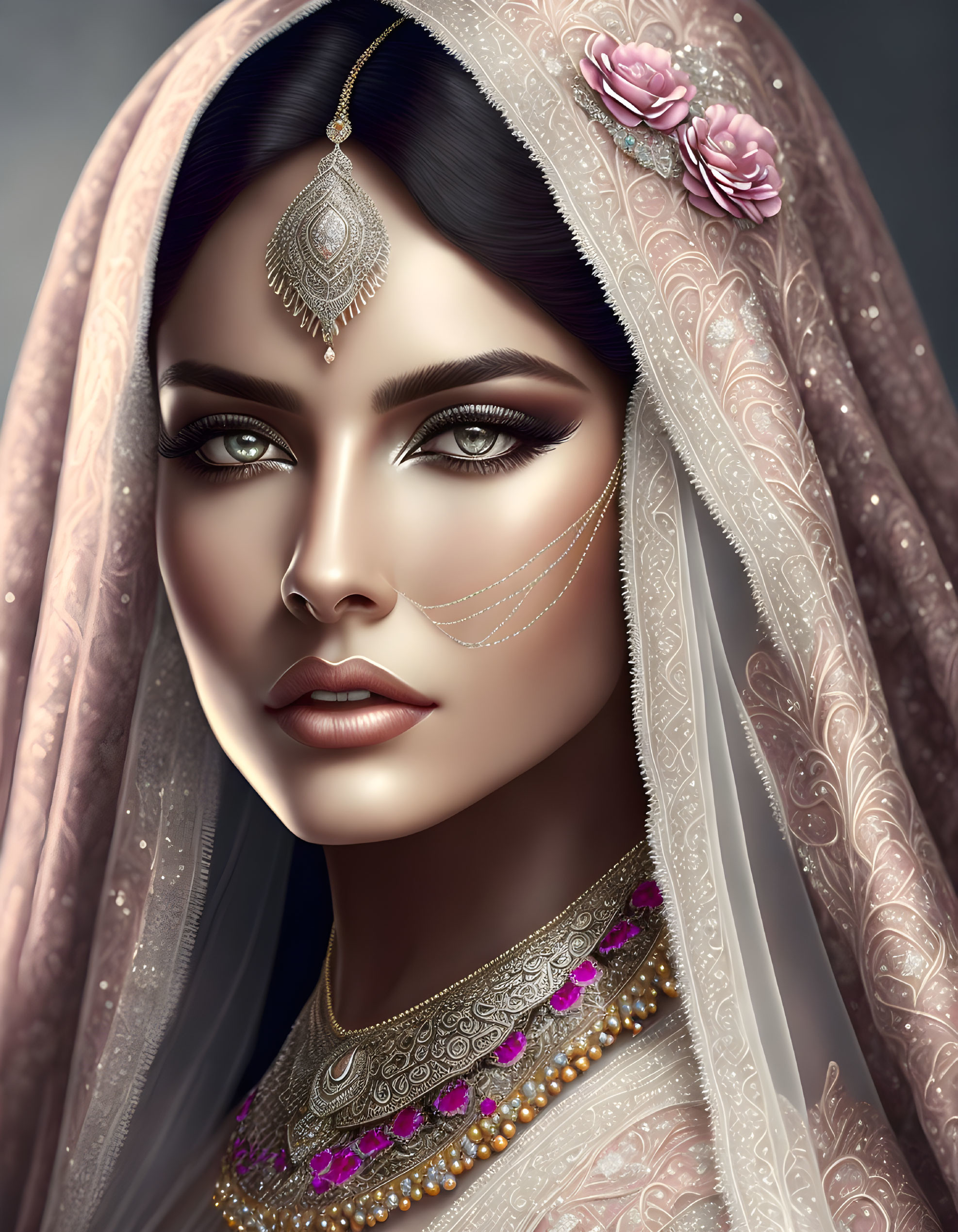 Traditional Indian bridal attire with intricate jewelry and veil