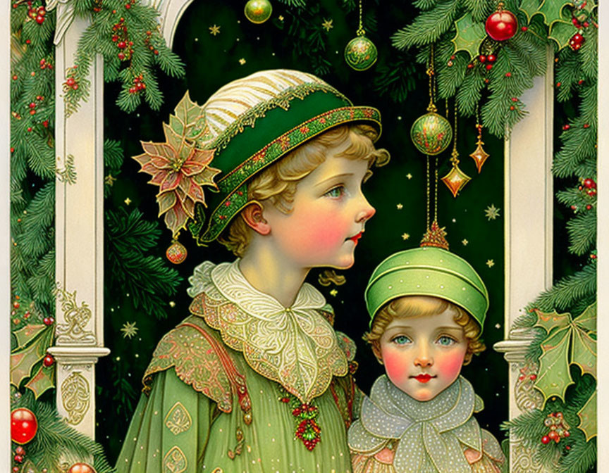 Vintage-style children in green winter attire among Christmas decorations