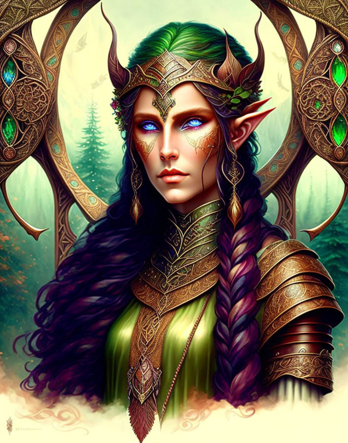 Fantasy elf illustration with green and brown armor, purple hair, and mystical forest background