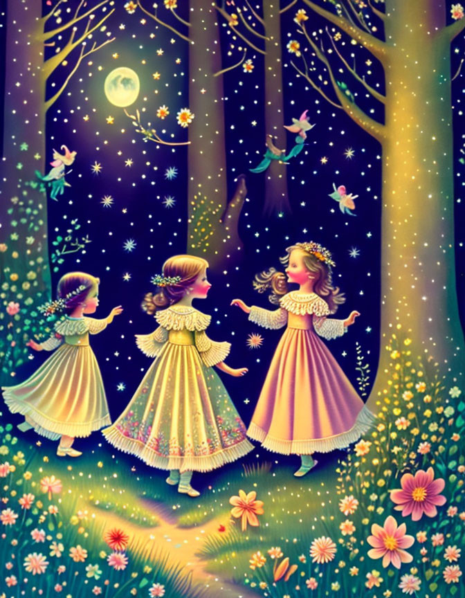 Three girls in vintage dresses dance in an enchanted forest under a full moon