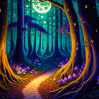 Moonlit path through enchanted forest with vibrant flora and floating lanterns