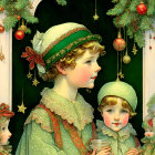 Vintage-style children in green winter attire among Christmas decorations