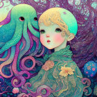 Vibrant illustration of girl with curly hair and octopus in intricate underwater scene